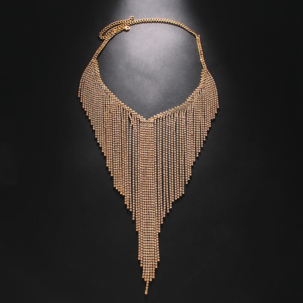 Rhinestone tassel full diamond necklace exaggerated personality street style party super flash necklace women's accessories