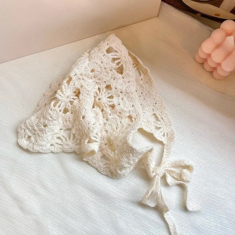 Fashion Knitted Headscarf Hat French Pastoral Style Triangle Headband Handmade Crochet Headband Towel Retro Flower Headscarf