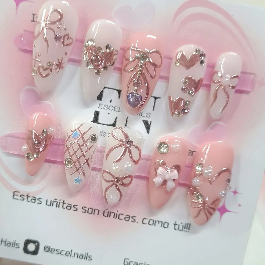 24PCS Medium Almond Press On Nails Wine Red Cute Cartoon Rabbit Bowknot Plaid Pearl False Nails Kawaii Nails Full Cover Wearable