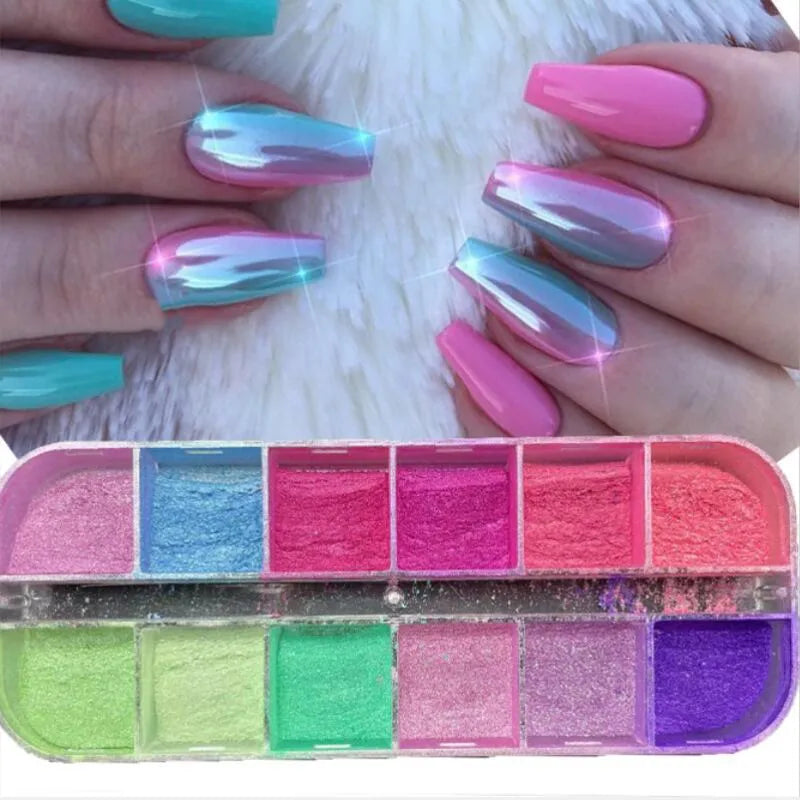 12 rejillas efecto espejo polvo de uñas de sirena holográfico perla cromo pigmento brillo fino polvo de inmersión suministros de artesanía de uñas