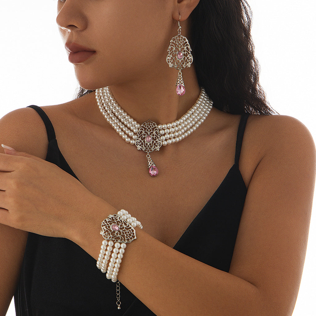 Light luxury square rhinestone necklace choker retro imitation pearl bead set necklace