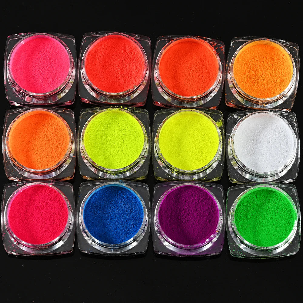 12-Colors/Set Neon Fluorescent Nail Art Powder Festival Rainbow Chrome Pigment DIY Eye Body Manicure Decor Glitter Dipping Dust