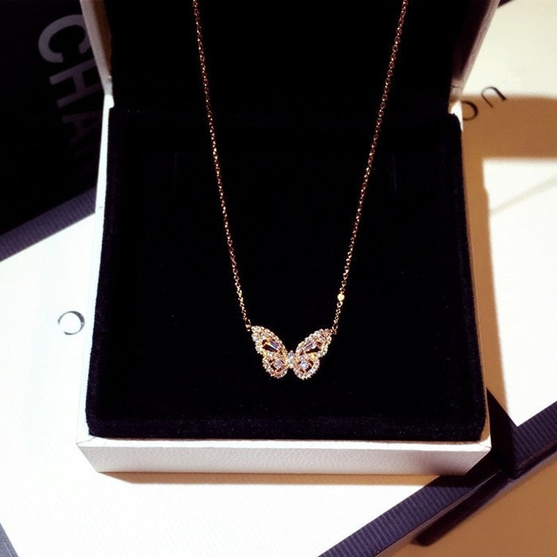 Cute Rose Gold Silver Color Butterfly Pendant Long Chain Necklace Choker for Women Fashion Jewelry New