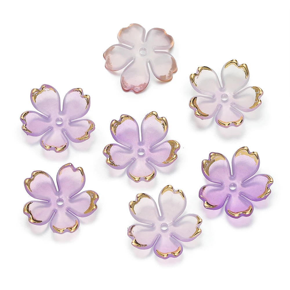 50pcs Cherry Blossoms Acrylic Beads Golden Brushed Patter Petals Charm Connector DIY Earrings Hair Jewelry Making Acessories