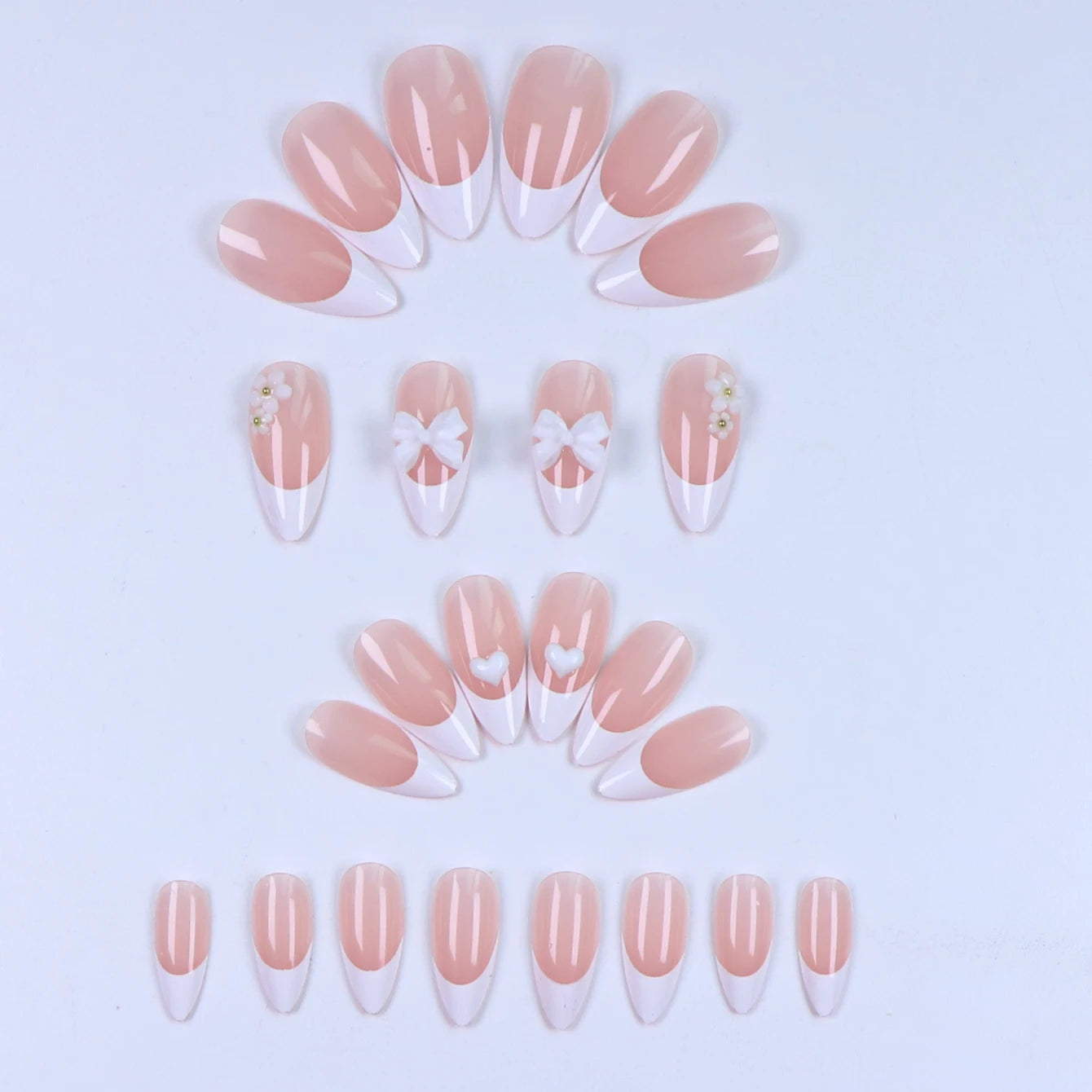 24pcs Long Almond Fake Nails White French Press on Nails Simple Full Cover Detachable Nail Tips