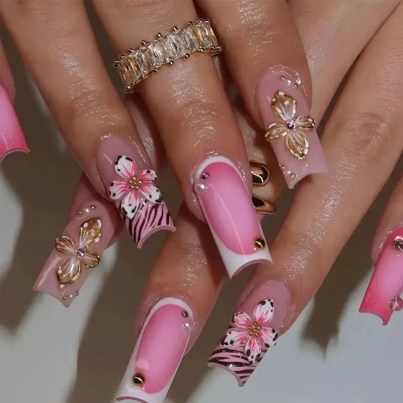 24Pcs Long Square Press on Nails Leopard Print French 3D Cherry Design False Nail Rhinestone Wearable Full Cover Fake Nails Tips