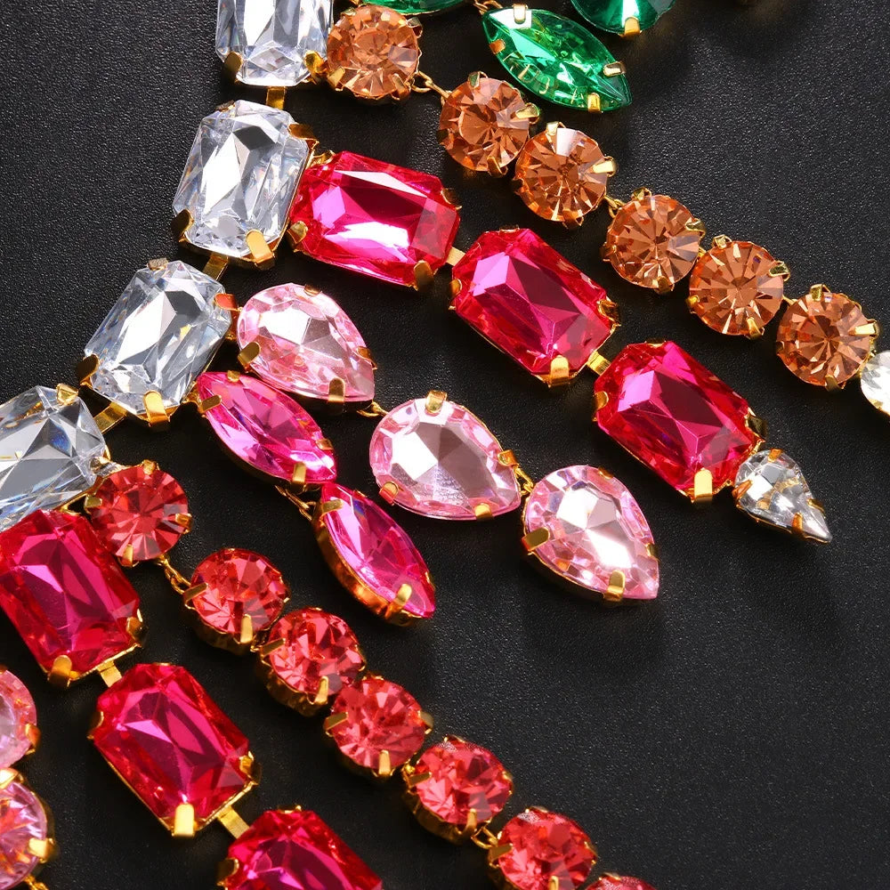 Exaggerate Colorful Large Crystal Necklace Aesthetic Jewelry for Women Square Rhinestone Tassel Choker Necklace Christmas Gifts