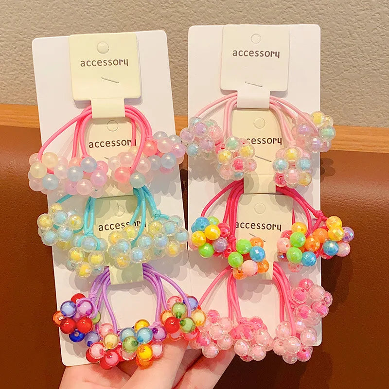 2PCS New Lovely Handmade Bead Colored Ball Girls Elastic Hair Bands Hair Accessories Children Hair Ties Baby Headwear