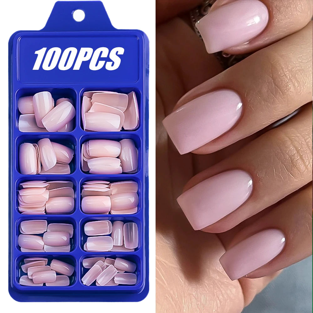 100Pcs Light Pink Press on Nails Short Medium Square Wearable Fake Nails Tips 10 Sizes Full Cover False Nails Finger Decoration