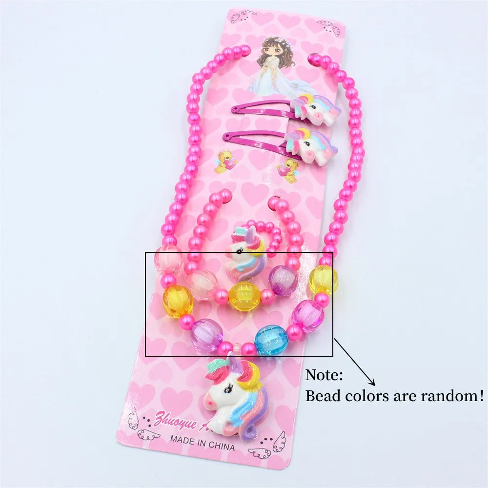 1 Set Handcrafted Unicorn Kids Beaded Jewelry set Cute Animal Necklace Bracelet Ring and Hair Clips Set for Little Princess Gift