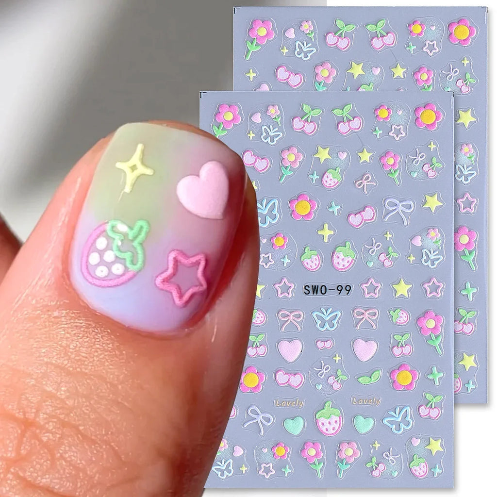 2 uds. Pegatinas de Arte de Uñas con Elementos Dulces, Flores Simples, Corazones, Cerezas, Fresas, Calcomanías Kawaii, Lazos Coloridos, Mariposas, Sliders para Manicura