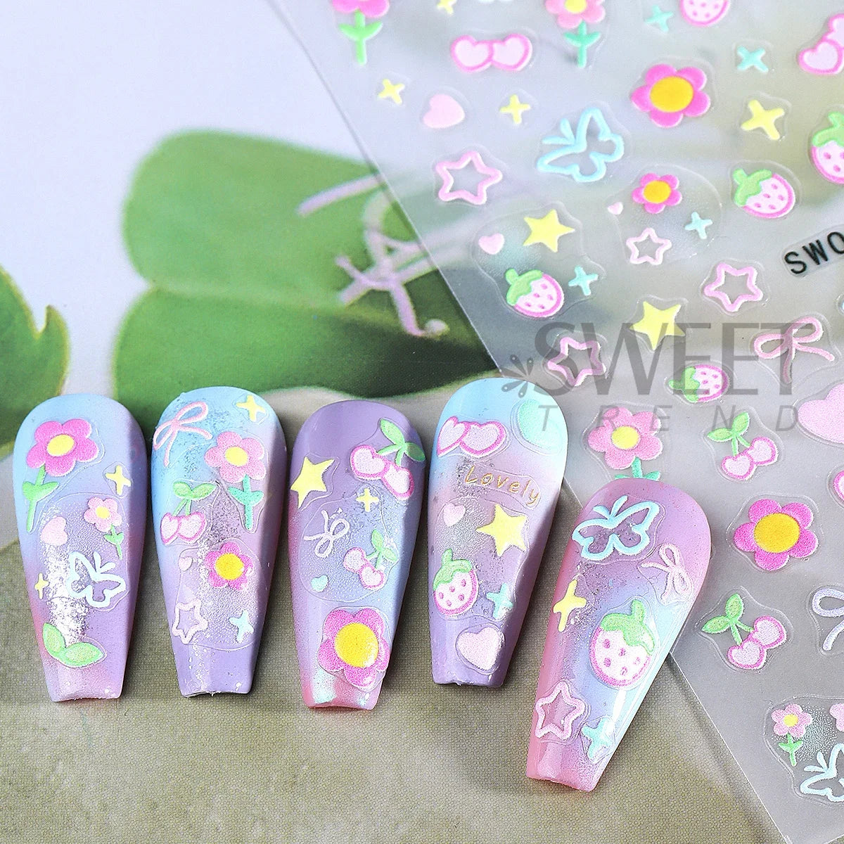 2 uds. Pegatinas de Arte de Uñas con Elementos Dulces, Flores Simples, Corazones, Cerezas, Fresas, Calcomanías Kawaii, Lazos Coloridos, Mariposas, Sliders para Manicura