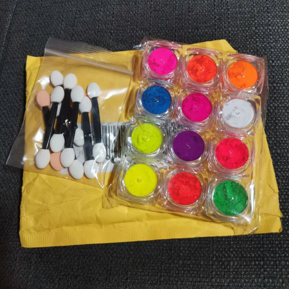 12-Colors/Set Neon Fluorescent Nail Art Powder Festival Rainbow Chrome Pigment DIY Eye Body Manicure Decor Glitter Dipping Dust