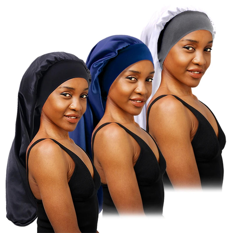 New Long Satin Bonnet Sleep Cap Women Silky Sleeping Cap With Wide Elastic Band Hair Care Turban Braids Curly Hair Natural Hair