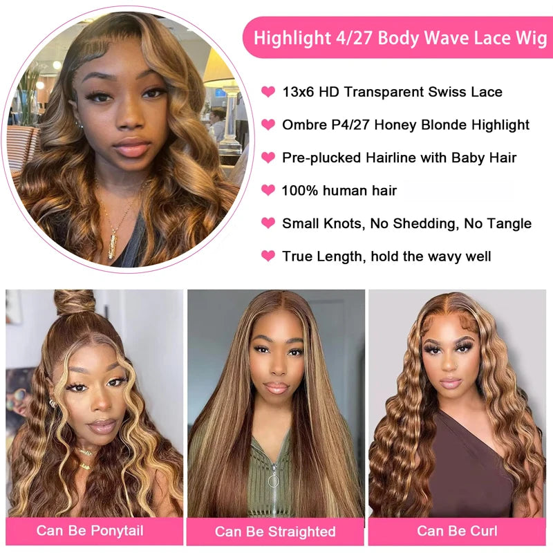 34inch Body Wave Highlight Wig Human Hair Honey Blonde
