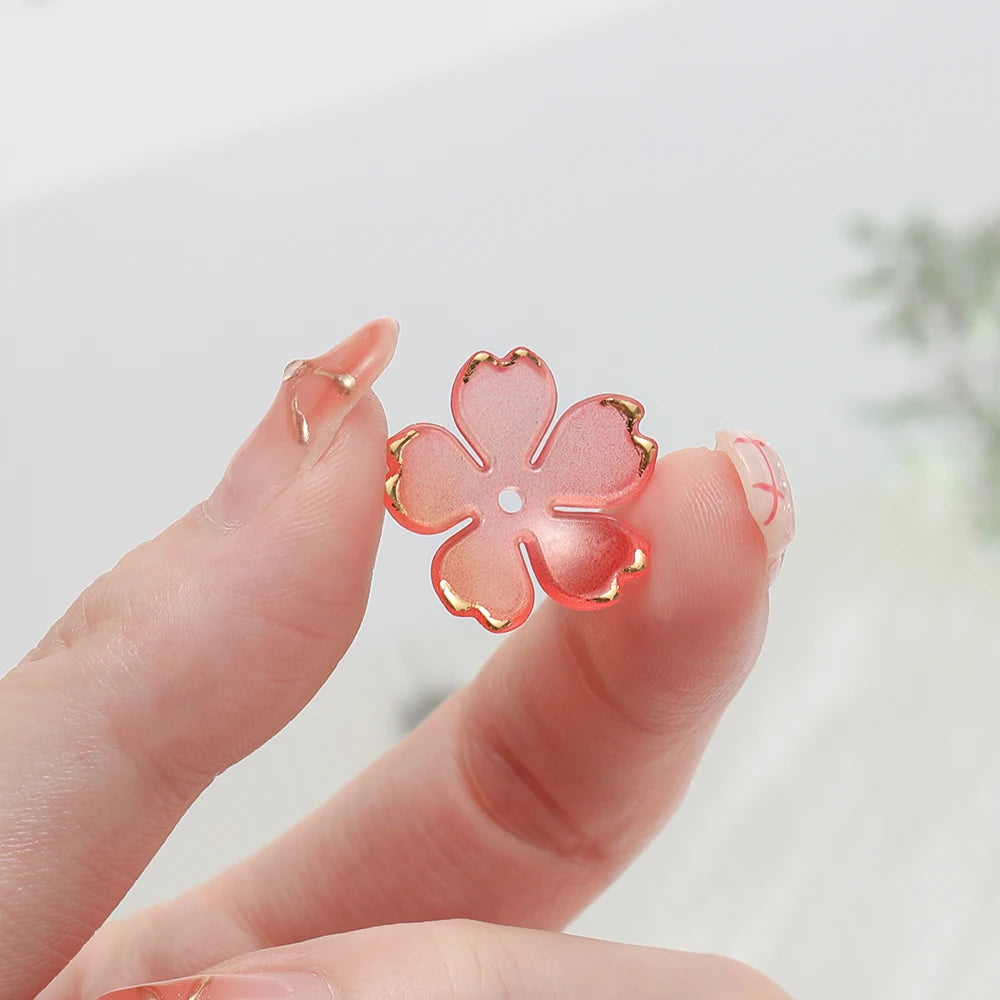 50pcs Cherry Blossoms Acrylic Beads Golden Brushed Patter Petals Charm Connector DIY Earrings Hair Jewelry Making Acessories