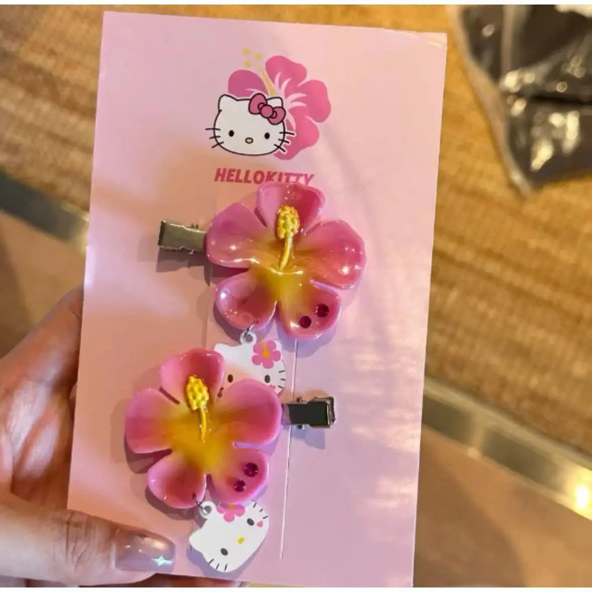 Kawaii Sanrio Hello Kitty Flower Hair Clips Set Pink Hibiscus Hair Pins Sweet Summer Hair Accessories for Women Girls