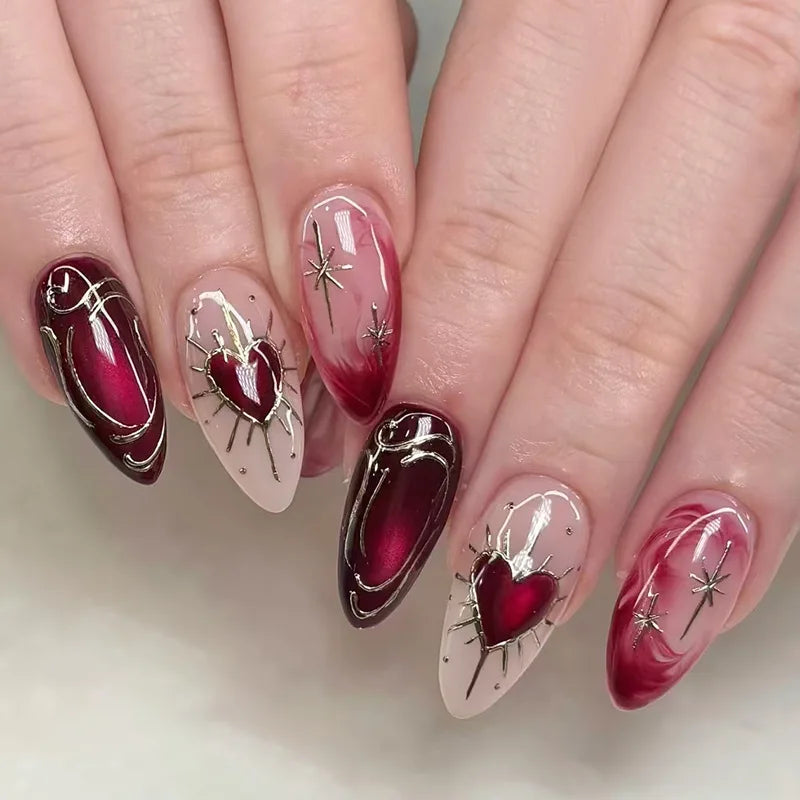 24pcs Sweet & Edgy Metallic Fake Nails 3D Silver-Plated Heart Gradient Press on Nail Almond Full Coverage Nail for Women&Girl