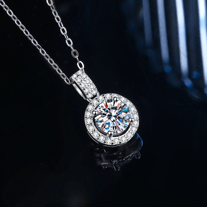 New S925 Round Zircon Necklace Silver Jewelry Mosan Diamond Pendant Clavicle Chain Fashion Simple Jewelry Girl