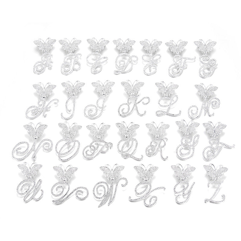 18inch  Cuban Chain Butterfly Letter Full Diamond Pendant Cuban Chain Personalized Exaggerated Thick Chain Hiphop Jewelry
