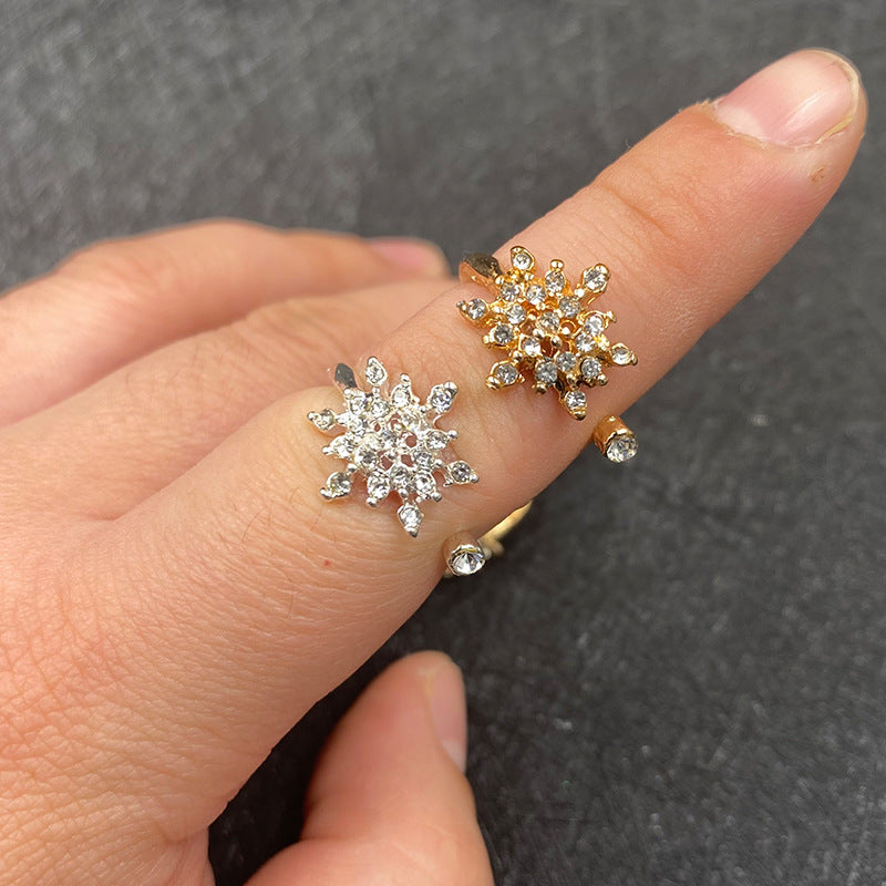 Snowflake Ring Statement Gold Plated Silver Micro-Set Rhinestone Jewelry