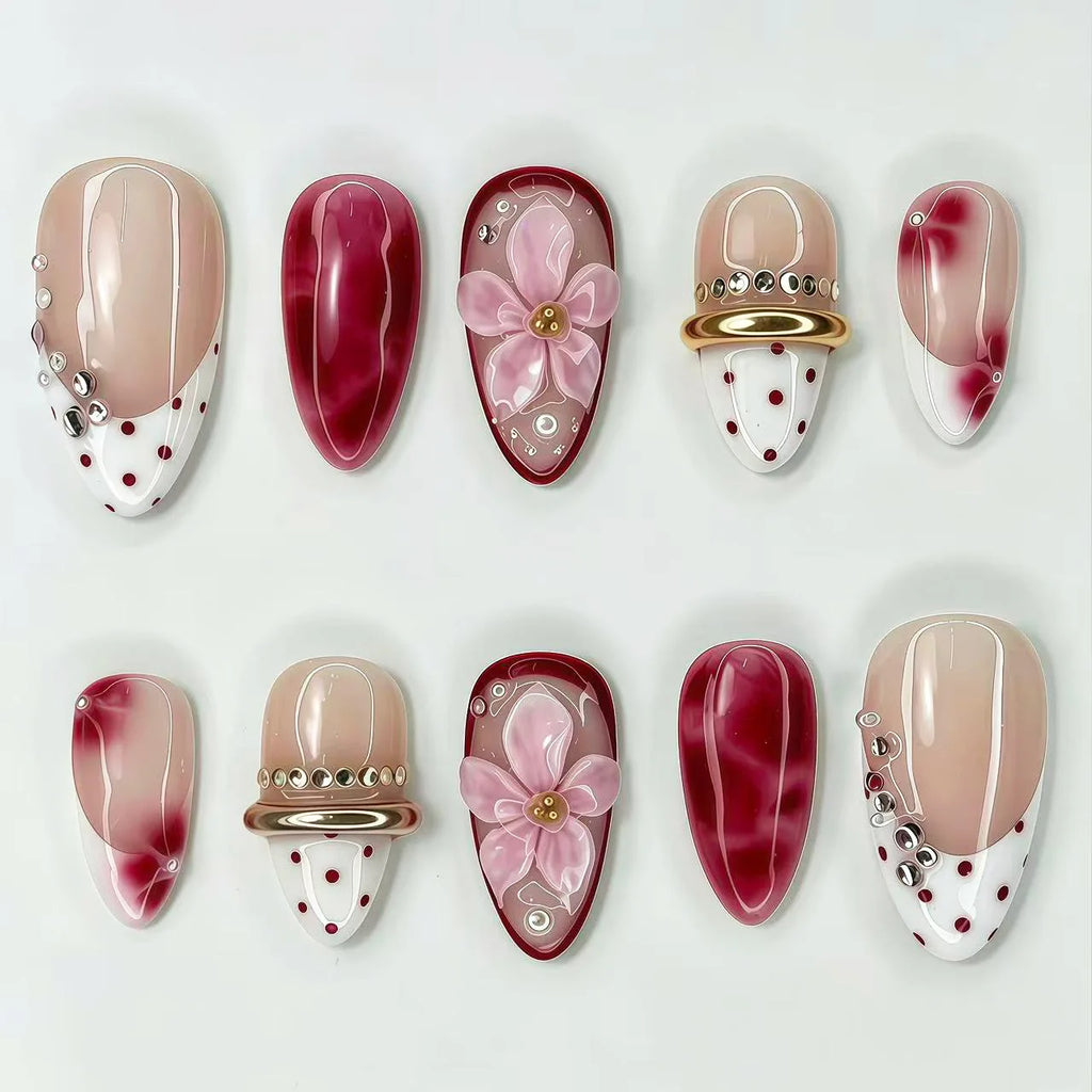 24PCS Pink Almond Press on Nails Full Cover Carved Flower 3D Ripples French Fake Nails for Women with Golden Pearl Wearable Nail