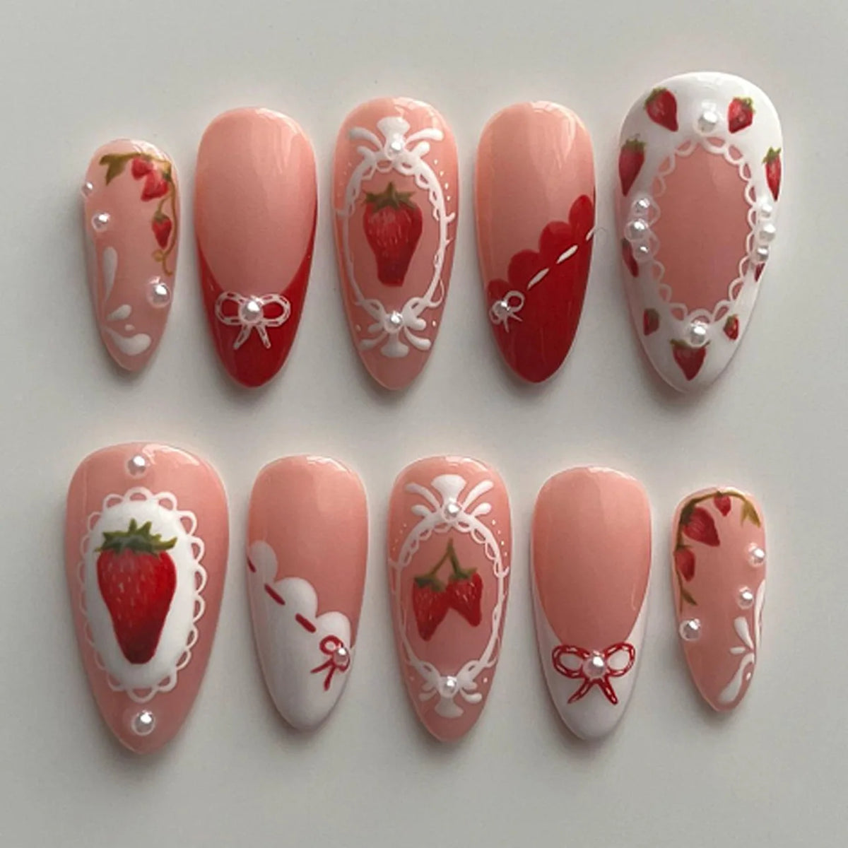 24PCS Medium Almond Press On Nails Wine Red Cute Cartoon Rabbit Bowknot Plaid Pearl False Nails Kawaii Nails Full Cover Wearable