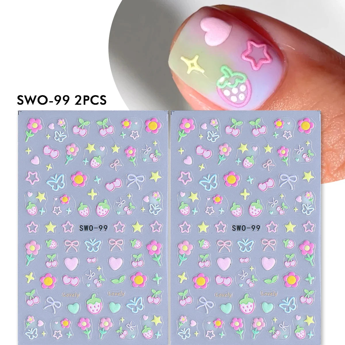 2pcs Sweet Element Nail Art Stickers Simple Flower Heart Cherry Strawberry Kawaii Decals Colorful Bow Butterfly Manicure Sliders
