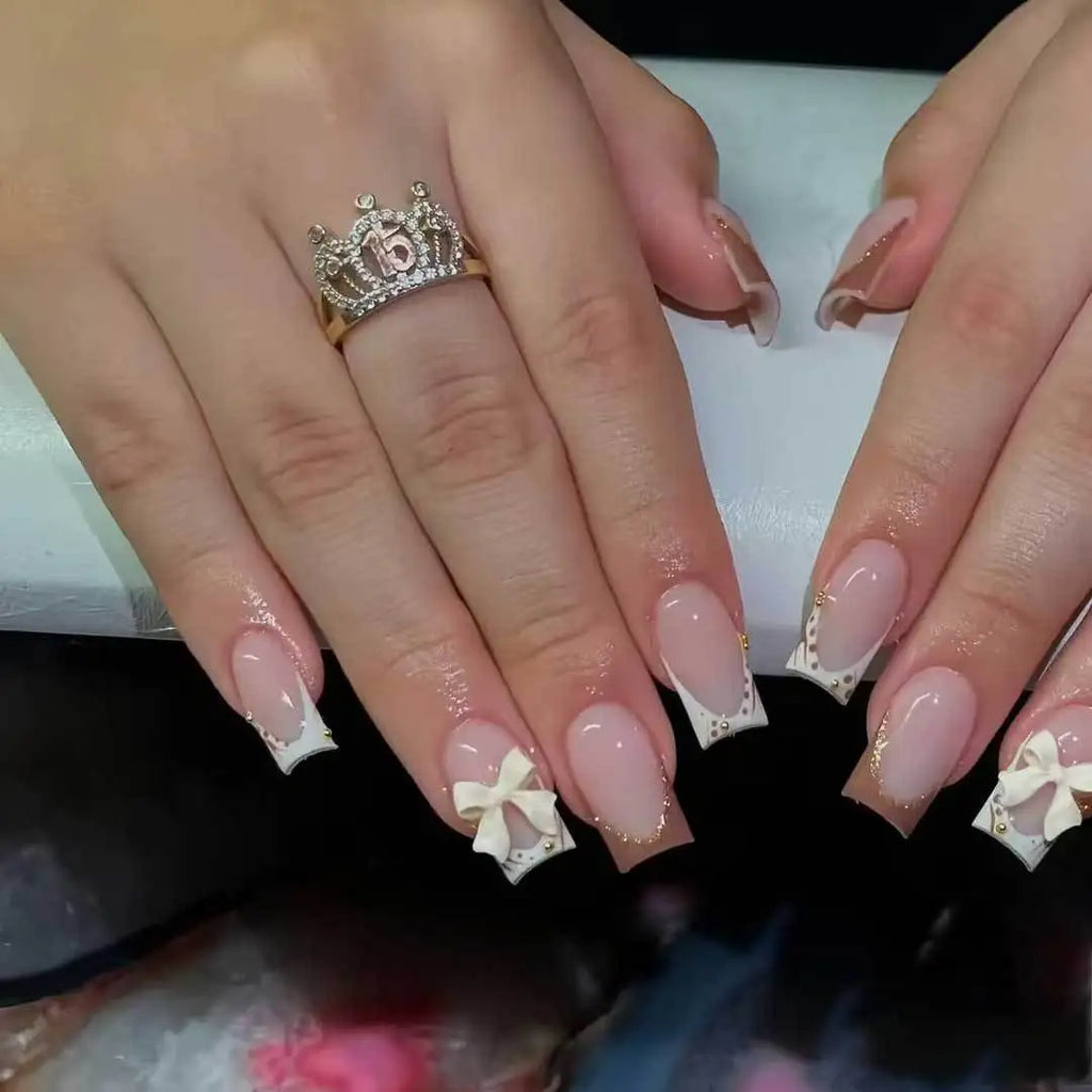 White French Press on Nails 3D Bowknot Fake Nails Tips Full Cover Wearable False Nails for Women and Girls DIY Manicure 24Pcs