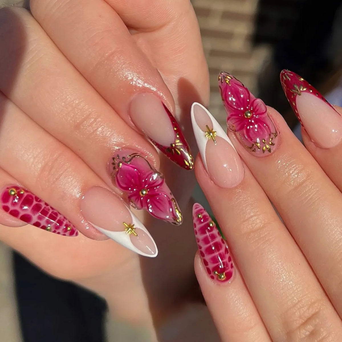24PCS Pink Almond Press on Nails Full Cover Carved Flower 3D Ripples French Fake Nails for Women with Golden Pearl Wearable Nail