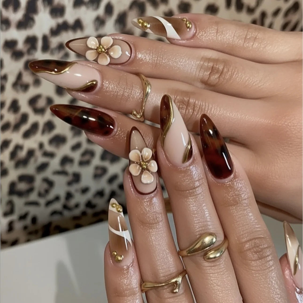 3D fake nails for women girls Gradient brown blue embossed flowers with rhinestones fall winter almond tips press on false nail