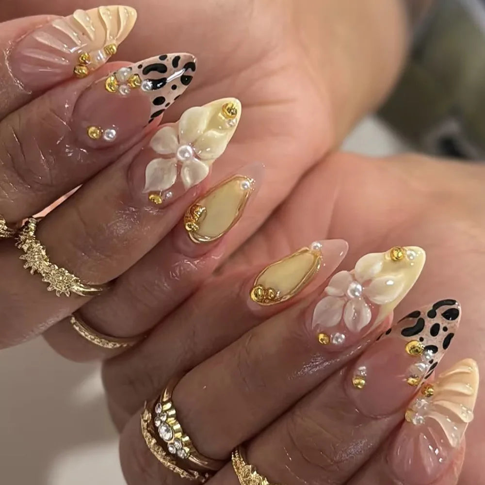 24PCS Pink Almond Press on Nails Full Cover Carved Flower 3D Ripples French Fake Nails for Women with Golden Pearl Wearable Nail