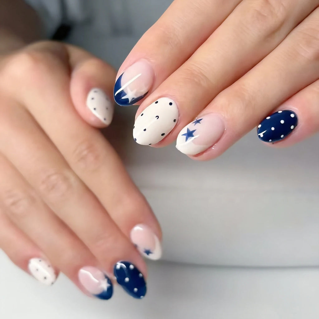 24pcs Star Moon Style Fake Nails White Swan Bowknots Flower Pattern Printed Press On Nails Gradient Black Almond Y2k False Nail