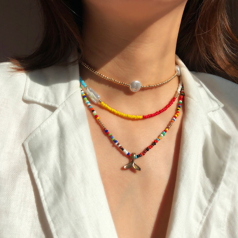 HangZhi New Bohemian Colorful Beads Weaving Handmade Baroque Simulated Pearl Necklace Clavicle Chain Choker Jewelry