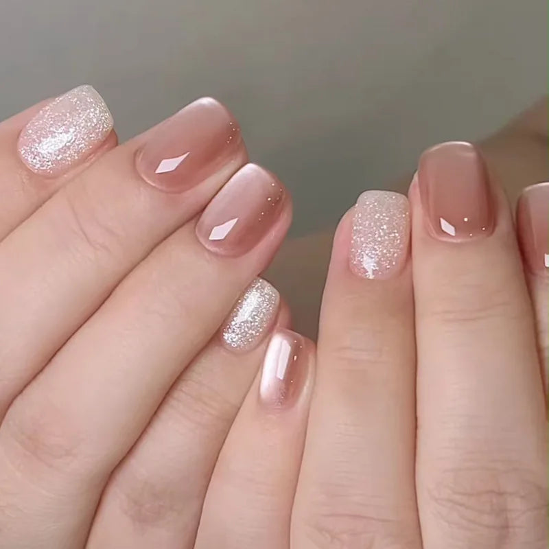 24Pcs Short Square Coffin False Nails Square Fake Nails with Glue French Glitter Wearable Acrylic Nails Set Press on Nail Tips