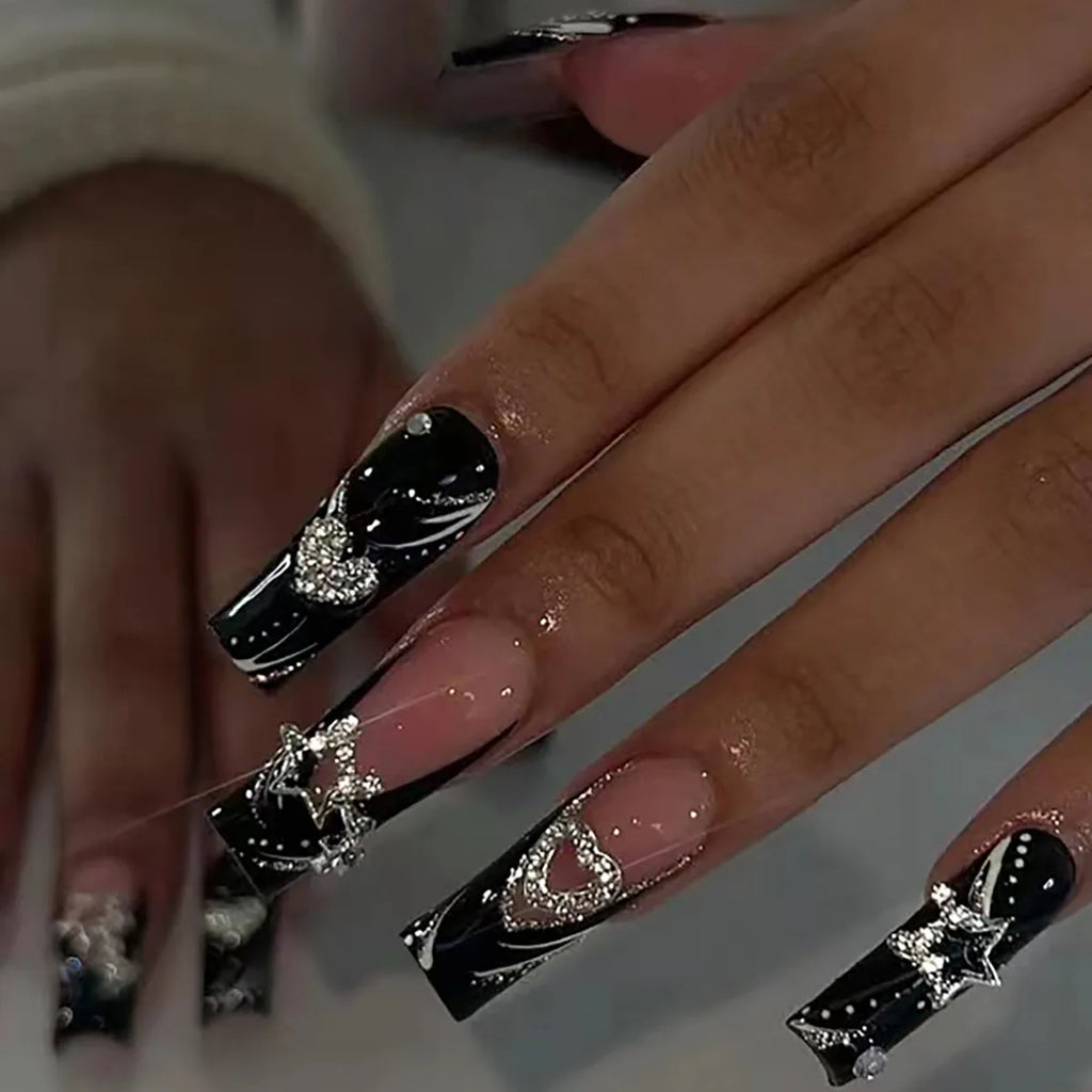 24Pcs Long Square Press on Nails Leopard Print French 3D Cherry Design False Nail Rhinestone Wearable Full Cover Fake Nails Tips