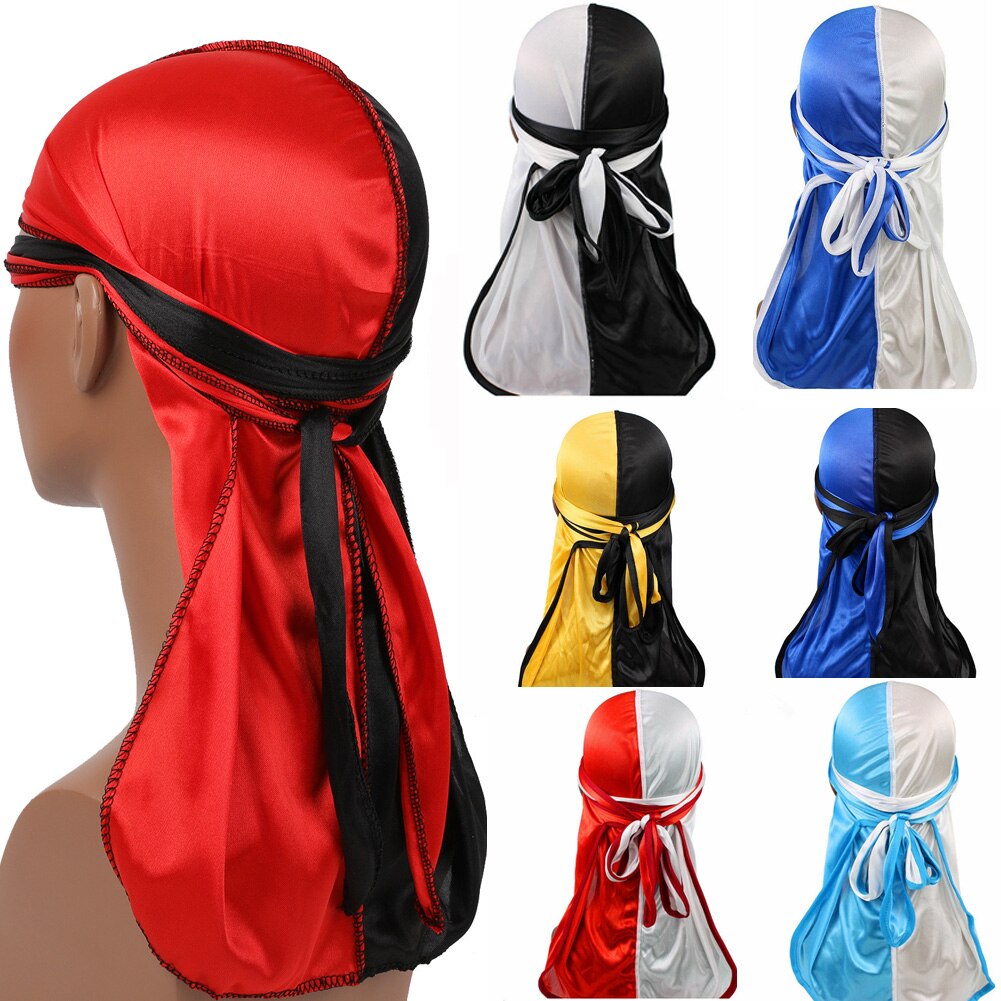 Long Tail Durag Silky Satin Turban India Hat Women Men Head Scarf Hair Accessories Bandana Unisex Fashion Patchwork Pirate Hats