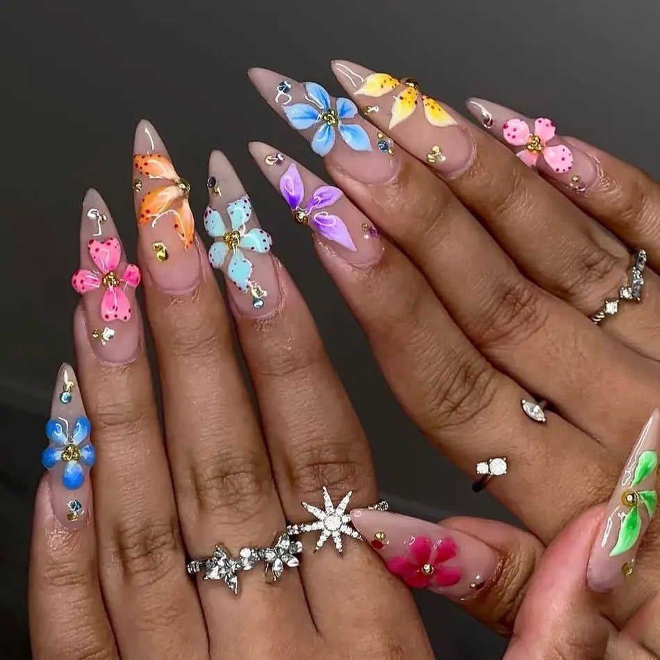 3D fake nails for women girls Gradient brown blue embossed flowers with rhinestones fall winter almond tips press on false nail