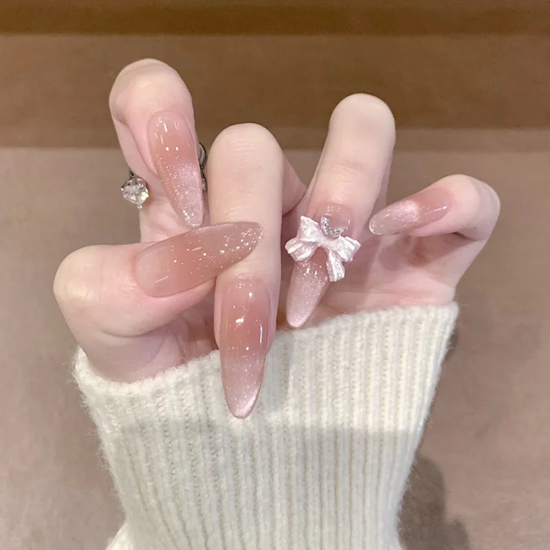 White French Press on Nails 3D Bowknot Fake Nails Tips Full Cover Wearable False Nails for Women and Girls DIY Manicure 24Pcs