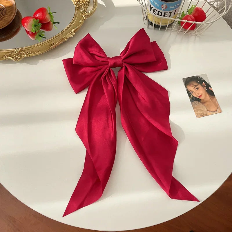 Solid Color Satin Ribbon Big Bows Hairpin Spring Clips Hair Accessories for Women Girls Trendy Korean Summer Headwear 2024