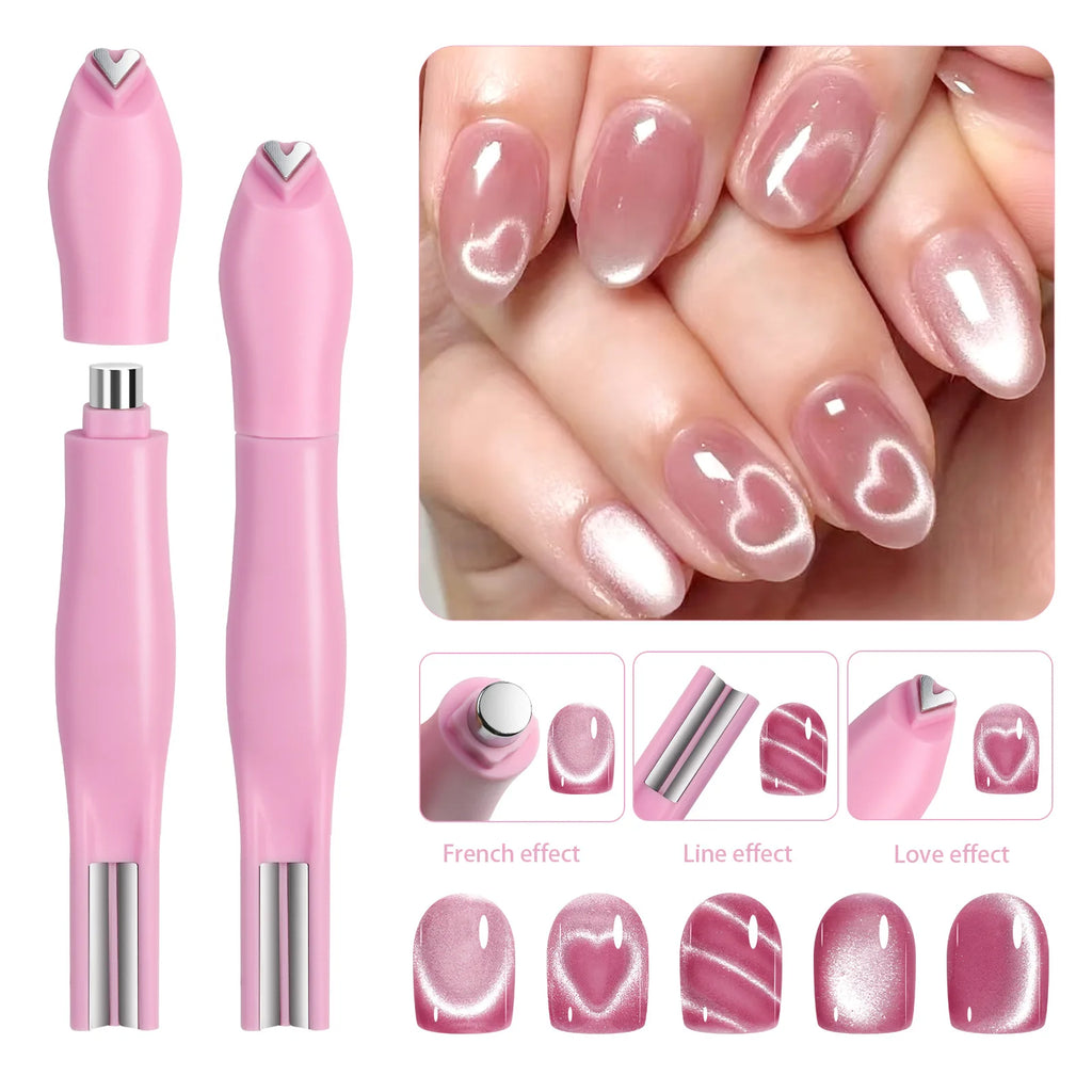 1 Unidad Imán 3 en 1 con Forma de Corazón para Uñas Ojo de Gato, Doble Línea, Luna, Serpiente, Pluma Magnética Francesa para Esmalte en Gel Magnético, Herramientas de Manicura