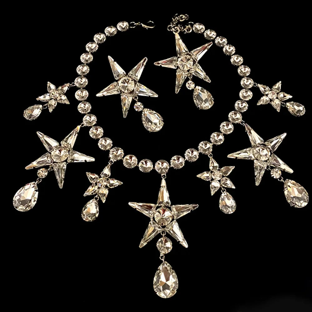 Rhinestone Star Water Drop Dangle Necklace Sets for Women Designer Irregular Necklace Earrings Sets Wedding Jewelry Sets Gift