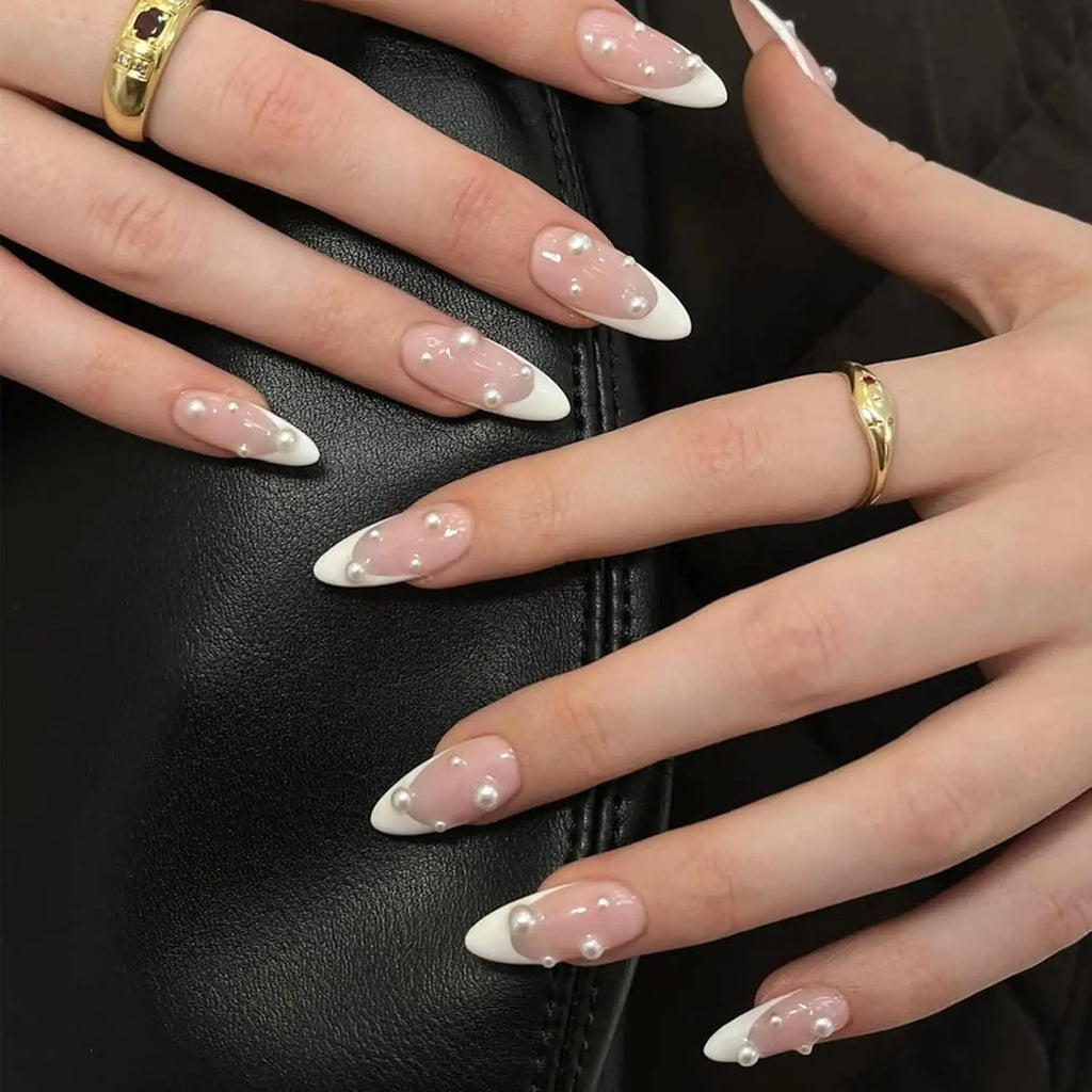 24pcs Long Almond Fake Nails White French Press on Nails Simple Full Cover Detachable Nail Tips