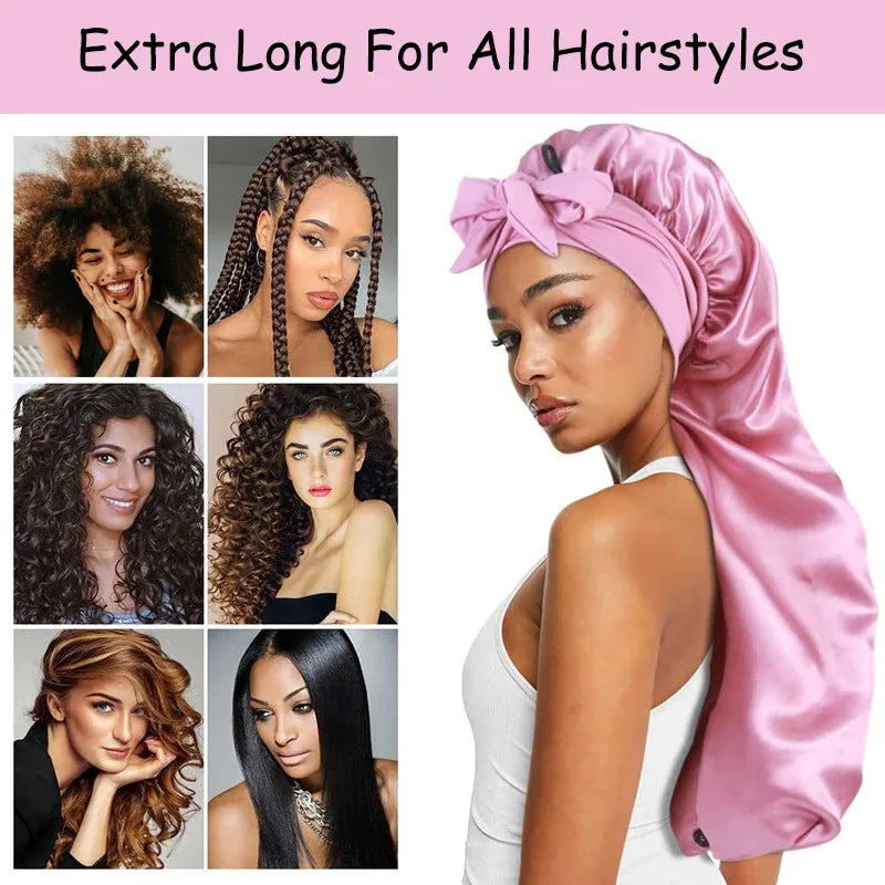 Long Satin Bonnet Solid Color Extra Large Sleep Cap With Long Tie Hair Bonnet For Black Women Hair Care Cap For All Hair Types