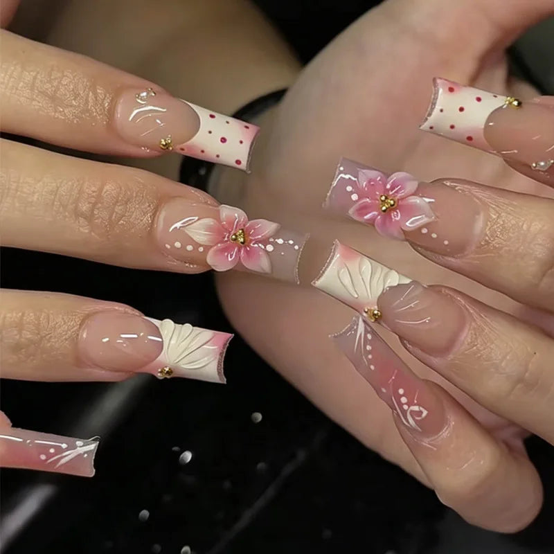 24Pcs Sweet Medium Square False Nails with Glue Blush Pink Flowers Fake Nails Full Cover French Acrylic Press on Nails for Girls