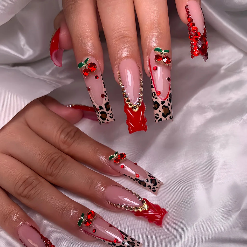 24Pcs Long Square Press on Nails Leopard Print French 3D Cherry Design False Nail Rhinestone Wearable Full Cover Fake Nails Tips