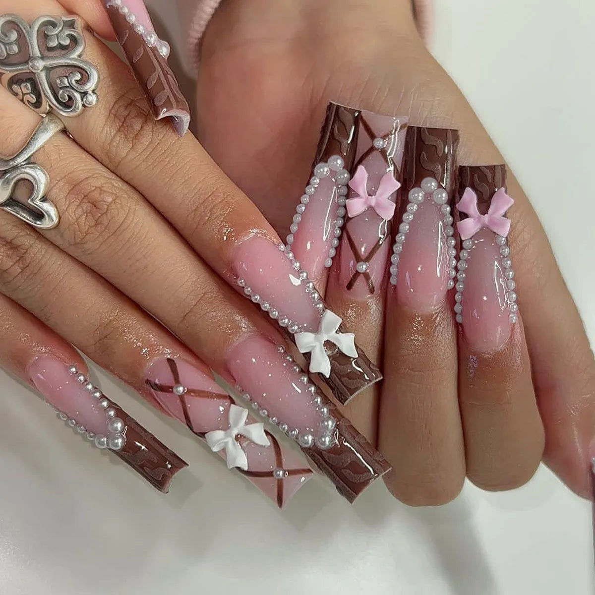 24Pcs Long Square Press on Nails Leopard Print French 3D Cherry Design False Nail Rhinestone Wearable Full Cover Fake Nails Tips