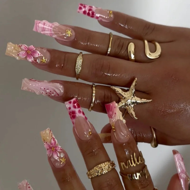 24Pcs Sweet Medium Square False Nails with Glue Blush Pink Flowers Fake Nails Full Cover French Acrylic Press on Nails for Girls