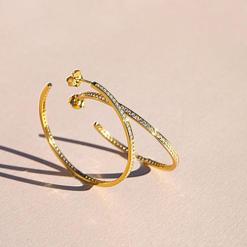 Anti-allergy 925 Sterling Silver Post 18K Gold Plated Zircon Pave Gold CC Earring Party Jewelry Large Hoop Earrings for Women