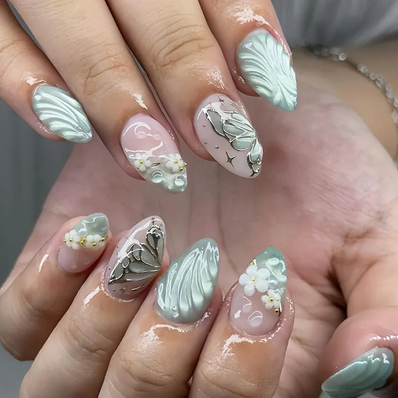 3D fake nails for women girls Gradient brown blue embossed flowers with rhinestones fall winter almond tips press on false nail